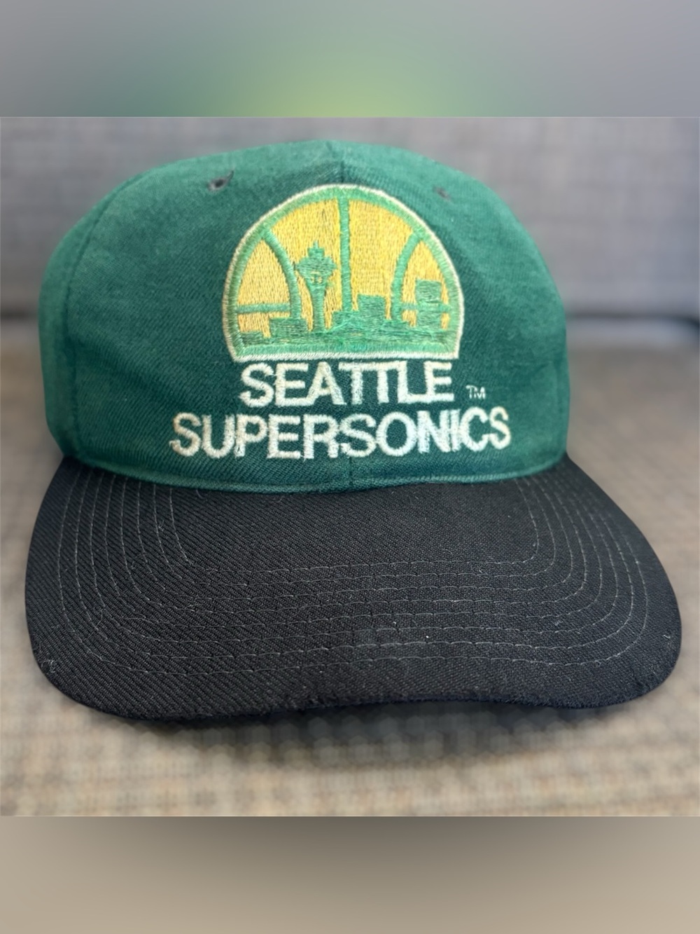 Vintage 90s Seattle SuperSonics Wool SnapBack Hat NBA The G Cap Green Black